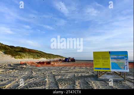 Rifornimento di sabbia sulla spiaggia di Dishoek, in Zelanda, che allarga e solleva la spiaggia contro l'innalzamento dell'acqua in futuro Foto Stock