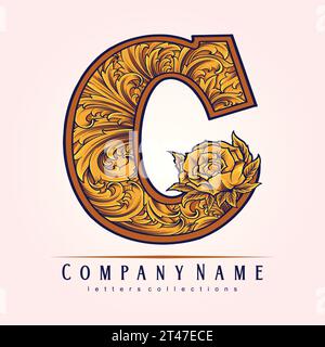 Elegante logo monogramma C illustrazioni vettoriali floride senza tempo per il logo del tuo lavoro, t-shirt di merchandising, adesivi e disegni di etichette, poster, Illustrazione Vettoriale