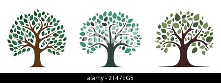 Logo ad albero. Set di icone ad albero isolate. Simbolo di un albero carino con foglie. Illustrazione vettoriale. Illustrazione Vettoriale