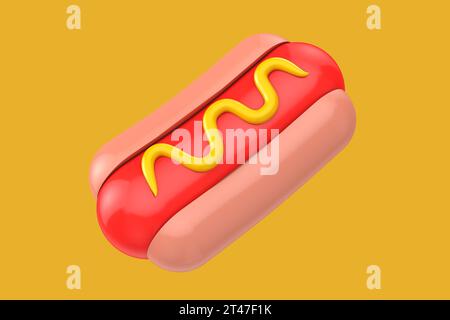 Colazione fast food Hot Dog con icona di senape su sfondo giallo. Rendering 3D. Foto Stock