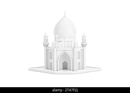 Moschea islamica bianca e icona del modello di edificio del minareto su sfondo bianco. Rendering 3D. Foto Stock