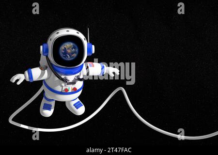 Simpatica mascotte di Cartoon personaggio astronauta Flying in Open Space primo piano estremo. Rendering 3D. Foto Stock