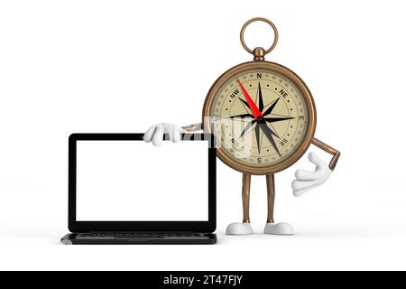 Mascherina personaggio personaggio personaggio personaggio fumetto con bussola in ottone vintage con notebook e schermo vuoto per il tuo design su uno sfondo bianco Foto Stock