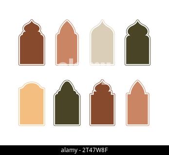 Finestre islamiche in stile orientale. Set di archi e porte arabi in colori boho. Sagoma della moschea. Illustrazione vettoriale minimalista Illustrazione Vettoriale