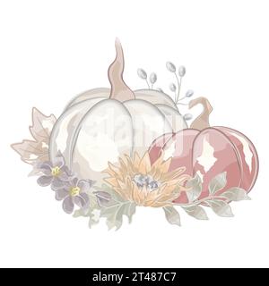 composizione autunnale con due zucche e fiori acquerello vettoriale Illustrazione Vettoriale