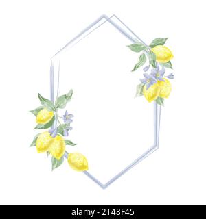 cornice blu a forma di diamante con rametti di limone decorati in stile vettoriale acquerello Illustrazione Vettoriale
