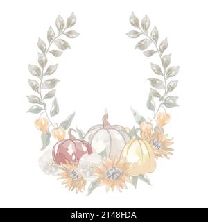corone autunnali composizione di zucche e girasoli acquerello vettoriale Illustrazione Vettoriale