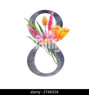 Floreale numero 8 otto. Elemento acquerello con bouquet botanico di fiori selvatici. Inviti di nozze, biglietti di auguri, compleanno, logo, poster altre idee Foto Stock