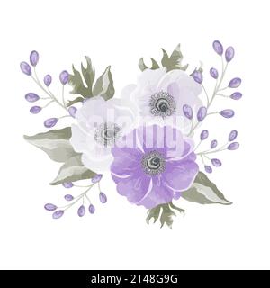composizione acquerello di tre fiori viola e rosa Illustrazione Vettoriale