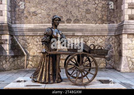 La statua di Molly Malone è una statua in bronzo di una giovane donna che vende cazzi e cozze in Grafton Street a Dublino, in Irlanda. Foto Stock