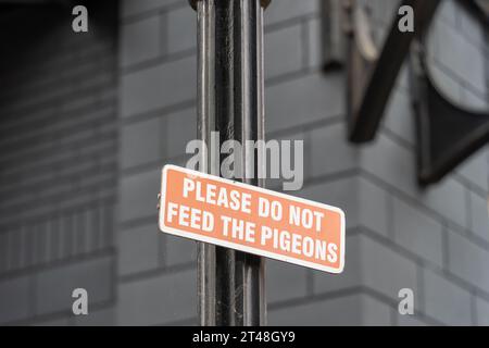 Un cartello in una città dice, per favore, non dare da mangiare ai piccioni. Concetto di disinfestazione urbana. Foto Stock