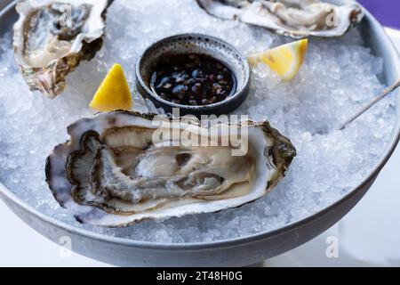 Le ostriche fresche a metà del guscio vengono servite in un piatto con ghiaccio, limoni e salsa. Il concetto di nutrizione sana. Foto Stock