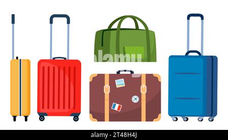 Borse da viaggio, set. Custodia turistica con adesivi. Bagaglio di viaggio e avventura. Borsa da viaggio con ruote con mano. Valigetta da viaggio in plastica. Illustrazione vettoriale Illustrazione Vettoriale