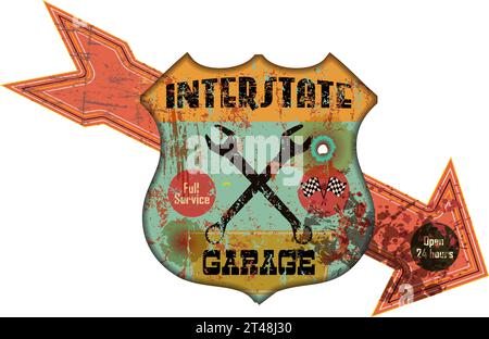 Servizio auto d'epoca super grungy american e cartello garage, illustrazione vettoriale retro-distressed e resistente agli agenti atmosferici Illustrazione Vettoriale