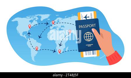 Passaporto con biglietto aereo in mano umana, mappa di viaggio mondiale con aerei, rotte di volo e segnapunti. Concetto di tempo di viaggio. Volo internazionale. Illustrazione Vettoriale