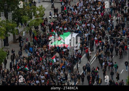 Madrid, Spagna. 29 ottobre 2023. Persone con cartelli e bandiere che protestano durante una manifestazione a sostegno della Palestina. La comunità palestinese di Madrid è scesa in strada per dimostrare il proprio sostegno al popolo palestinese e per protestare contro gli attacchi israeliani alla Striscia di Gaza. A seguito di un attacco letale di Hamas nel sud di Israele il 7 ottobre, Israele ha effettuato intensivi attacchi aerei considerando una potenziale invasione terrestre sulla Striscia di Gaza. Crediti: Marcos del Mazo/Alamy Live News Foto Stock