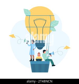 Idea di business creativa, realizzazione dell'illustrazione vettoriale del team di marketing digitale. Cartoni animati piccole persone con megafoni che volano all'interno del cestino di palloncini a lampadina calda nel cielo, viaggia verso l'opportunità Illustrazione Vettoriale