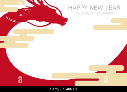 Anno del Dragon Vector modello di carta di Capodanno con sfondo rosso e spazio di testo. Illustrazione Vettoriale