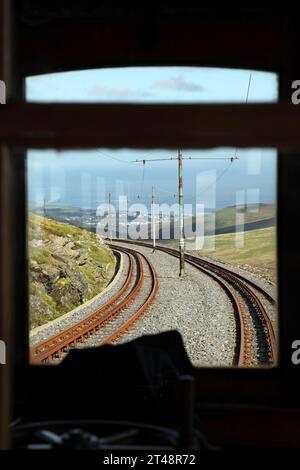 Vista dal tram Snaefell Mountain Railway che scende dalla stazione di Snaefell, Isle of Man. Foto Stock