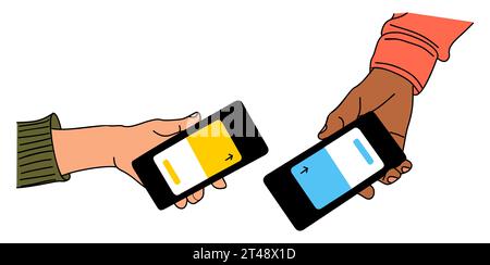 Due mani che tengono i telefoni per effettuare pagamenti online. Illustrazione Vettoriale