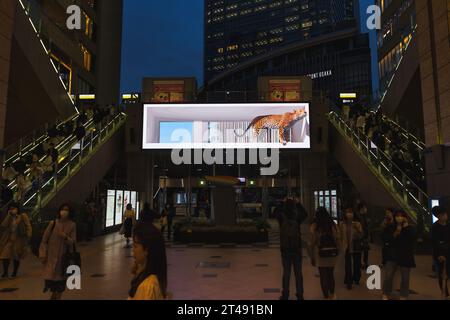 Osaka, Giappone - 14 aprile 2023: Video wall nella stazione di Osaka con rappresentazione realistica di un leopardo, persone non identificate. La stazione di Osaka è una delle principali Foto Stock