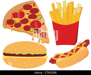 Pizza, fetta di patate fritte, sandwich e logo dogo caldo; elementi di design fast food su sfondo bianco Illustrazione Vettoriale