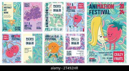 Poster sulla frutta. Personaggi astratti dei cartoni animati, fragole e ciliegie arte semplice, cibo delizioso. Inviti al festival di animazione. Striscione verticale, frutta pazza. Illustrazione Vettoriale