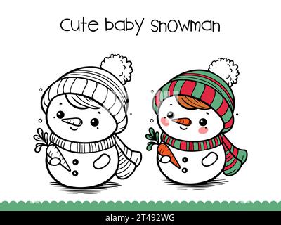 Pagina da colorare pupazzo di neve per bambini. Illustrazione vettoriale. Illustrazione Vettoriale
