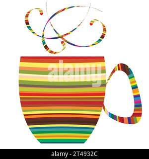 Logo line art di una tazza con cucchiai; design multicolore della tazza da caffè, tazza da tè; tazza artistica line art con manico line art e vapori line art Illustrazione Vettoriale