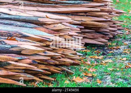 Pila di pali di recinzione in legno appena tagliati - la Ribaloche, Indre-et-Loire (37), Francia. Foto Stock