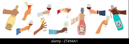 mani diverse che tengono i bicchieri con il vettore delle bevande Illustrazione Vettoriale