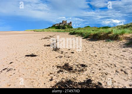 Castello di Bamburgh dalla spiaggia del castello di Bamburgh, Bamburgh, Northumberland, Inghilterra, Regno Unito Foto Stock