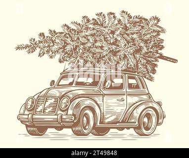 Auto retrò con un albero di Natale in cima. Illustrazione nello stile di schizzo. Grafica vettoriale disegnata a mano Illustrazione Vettoriale