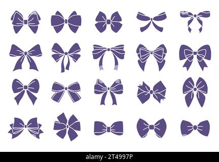 Icone di arco. Nastro per regali e scatole regalo, cravatta per compleanno e natale, papillon, elegante decorazione regalo in bianco e nero, decorazioni per abiti da sposa Illustrazione Vettoriale