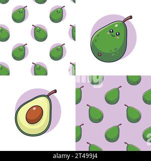 Set di simpatici motivi Kawaii avocado. Icona piatto cibo e frutta. Motivo senza cuciture Cartoon avocado, stile doodle. Illustrazione vettoriale disegnata a mano. Ripetizioni fo Illustrazione Vettoriale