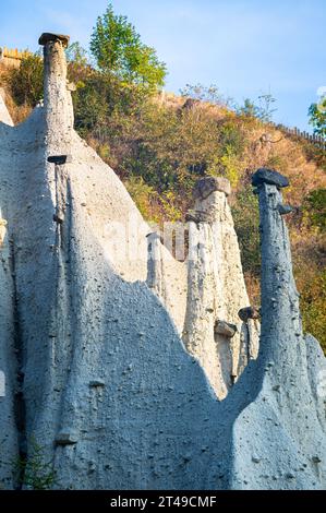 Vista dettagliata delle pietre in cima alle piramidi di terra vicino a Terento in alto Adige, Italia settentrionale. Foto Stock