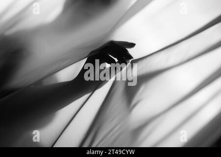 Scatto monocromatico di una mano sagomata contro tende trasparenti, con un gioco di luci e ombre. Foto Stock
