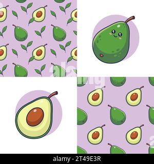 Set di simpatici motivi Kawaii avocado. Icona piatto cibo e frutta. Motivo senza cuciture Cartoon avocado, stile doodle. Illustrazione vettoriale disegnata a mano. Ripetizioni fo Illustrazione Vettoriale