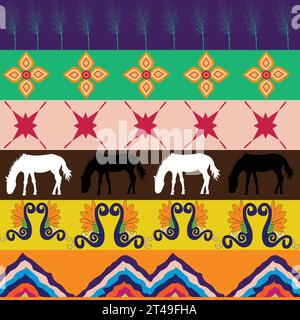 Modello senza cuciture con ornamenti di alberi cavalli e chevron; sei file con una serie di elementi Illustrazione Vettoriale