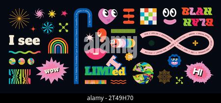 Adesivi astratti. Icone grafiche e tipografia moderna. Emoji divertente. Elementi di forma. Sfondo del design retrò. Nastro per lettere colorato. Sim. Geometrico Illustrazione Vettoriale