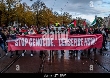 L'Aia, Olanda meridionale, Paesi Bassi. 29 ottobre 2023. I manifestanti pro-palestinesi marciano attraverso il centro dell'Aia. Il 29 ottobre 2023, migliaia di manifestanti pro-palestinesi si sono riuniti a Malieveld all'Aia per protestare contro l'aumento della violenza israeliana a Gaza. I dimostranti seguirono questa marcia attraverso la città fino al Palazzo della Pace. (Immagine di credito: © James Petermeier/ZUMA Press Wire) SOLO USO EDITORIALE! Non per USO commerciale! Crediti: ZUMA Press, Inc./Alamy Live News Foto Stock