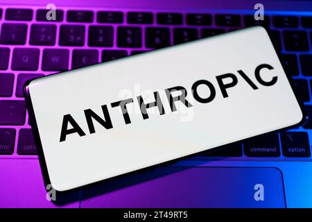 Logo di un'azienda di ricerca antropica sull'intelligenza artificiale visibile sullo smartphone posizionato sul notebook. Stafford, Regno Unito, 29 ottobre 2023 Foto Stock