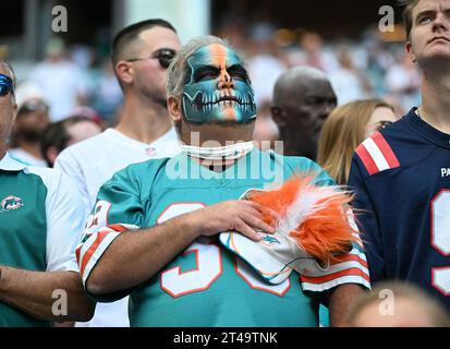 Miami, Stati Uniti. 29 ottobre 2023. I tifosi sono visti come i New England Patriots vs i Miami Dolphins nella settimana 8 della stagione NFL all'Hard Rock Stadium di Miami, Florida, domenica 29 ottobre 2023. Foto di Larry Marano/UPI Credit: UPI/Alamy Live News Foto Stock