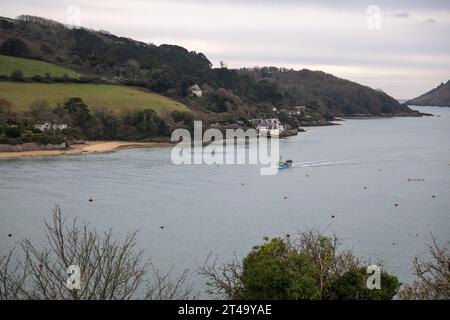 Vista della barca da pesca che naviga lungo l'estuario di Salcombe lontano dal mare verso casa, con East Portlemouth sullo sfondo preso da Snapes Point Foto Stock