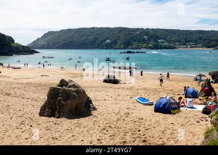 Sunny Cove Beac, East Portlemouth, Devon, in una favolosa giornata estiva con sabbia gialla, cielo blu e mare blu con South Sands visibili in lontananza. Foto Stock