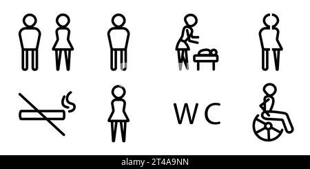 Cartello WC, set di icone con linea nera wc, simboli originali dei bagni Illustrazione Vettoriale