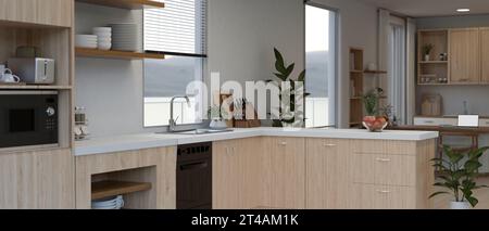 Design interno di una cucina moderna e minimalista con ripiani da cucina in legno minimalista, lavello, elettrodomestici da cucina e arredamento. rendering 3d, illustrazione 3d. Foto Stock