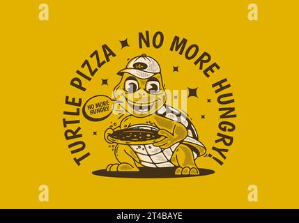 Turtle pizza, basta fame. Illustrazione del personaggio di una mascotte di una tartaruga che tiene una pizza Illustrazione Vettoriale