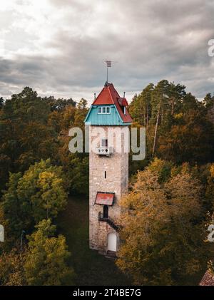 Torre storica nella foresta autunnale, Schuetteturm, Horb am Neckar, Germania Foto Stock