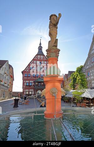 Fontana del mercato con scultura Edelmann e municipio, bacino d'acqua, piazza del mercato, Besigheim, valle del Neckar, Baden-Wuerttemberg, Germania Foto Stock